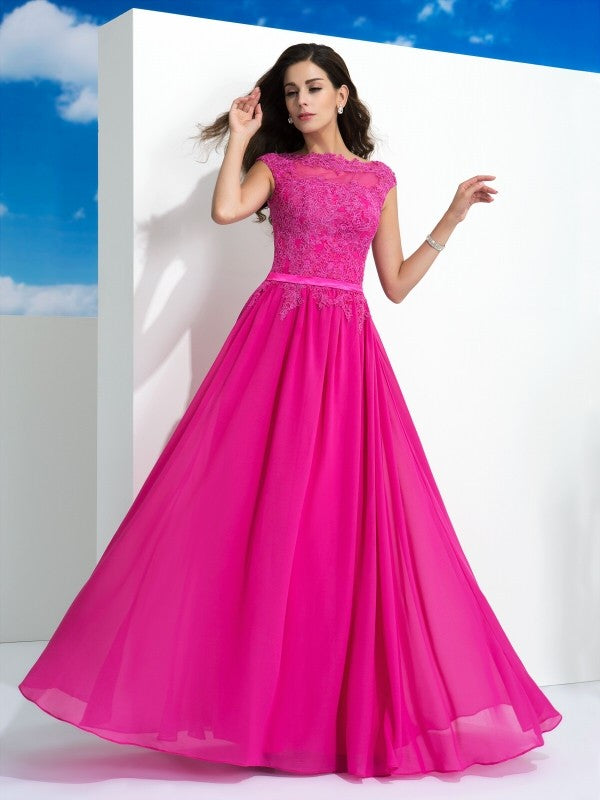A-Line/Princess Sheer Neck Lace Sleeveless Long Chiffon Dresses