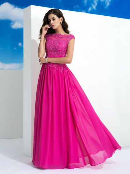 A-Line/Princess Sheer Neck Lace Sleeveless Long Chiffon Dresses