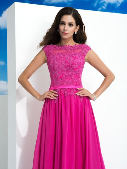 A-Line/Princess Sheer Neck Lace Sleeveless Long Chiffon Dresses