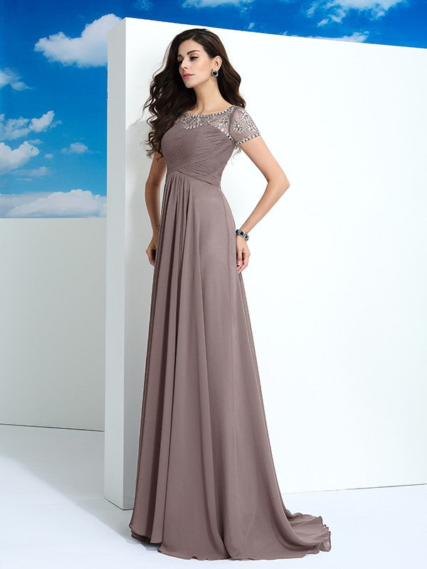 A-Line/Princess Sheer Neck Beading Short Sleeves Long Chiffon Dresses