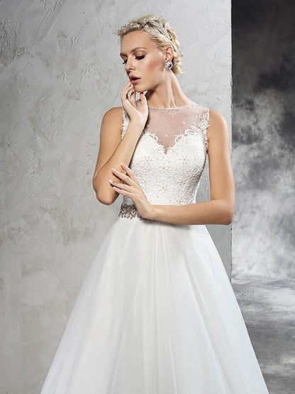 A-Line/Princess Sheer Neck Beading Sleeveless Long Net Wedding Dresses