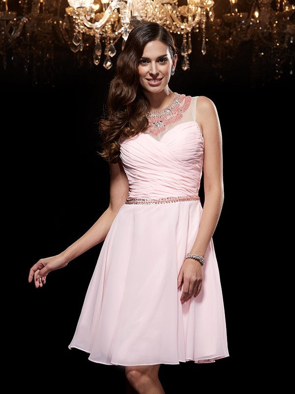 A-Line/Princess Scoop Beading Sleeveless Short Chiffon Dresses