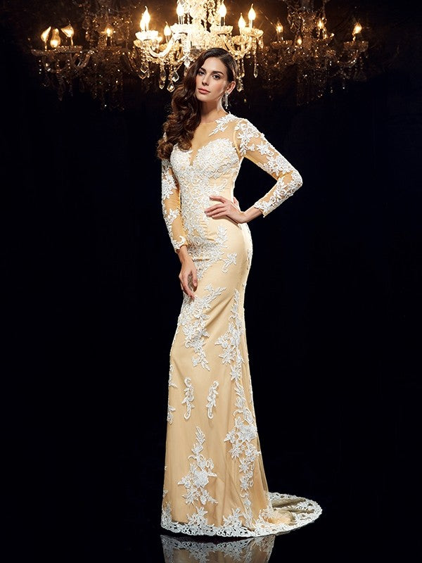 Sheath/Column Sheer Neck Applique 3/4 Sleeves Long Net Dresses