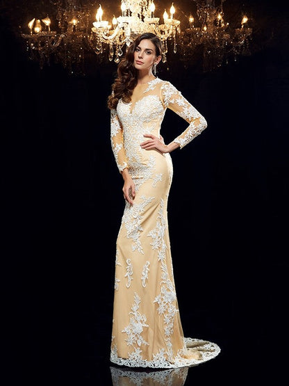 Sheath/Column Sheer Neck Applique 3/4 Sleeves Long Net Dresses