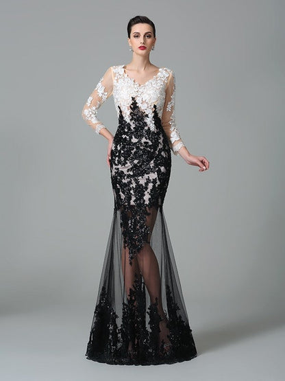 Sheath/Column V-neck Lace 3/4 Sleeves Long Net Dresses