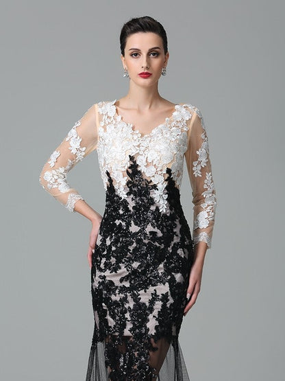 Sheath/Column V-neck Lace 3/4 Sleeves Long Net Dresses