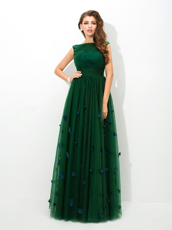 A-Line/Princess Sheer Neck Beading Sleeveless Long Net Dresses