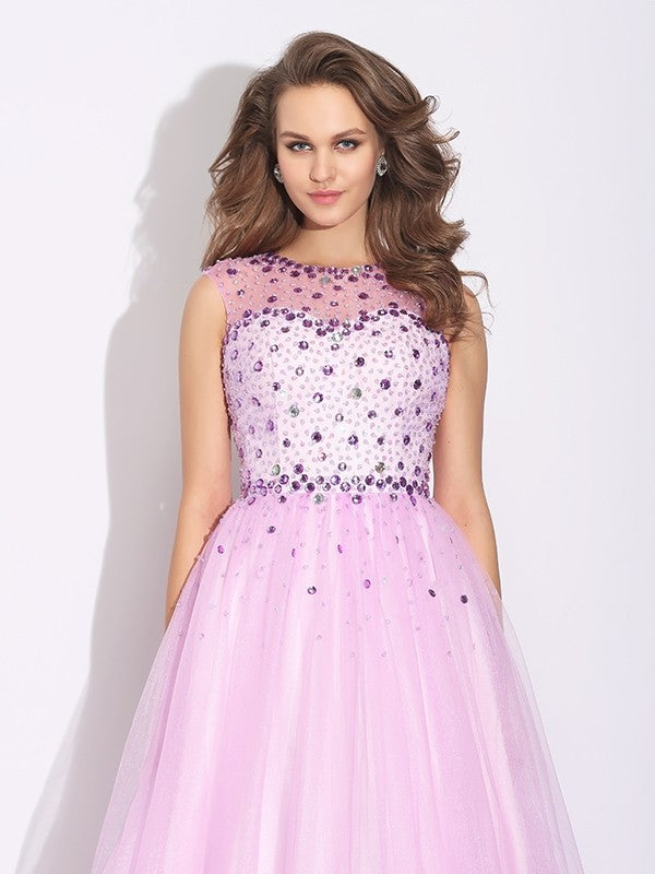 A-Line/Princess Jewel Rhinestone Sleeveless Long Net Dresses