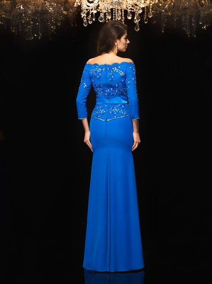 Sheath/Column Off-the-Shoulder Beading 3/4 Sleeves Long Chiffon Dresses