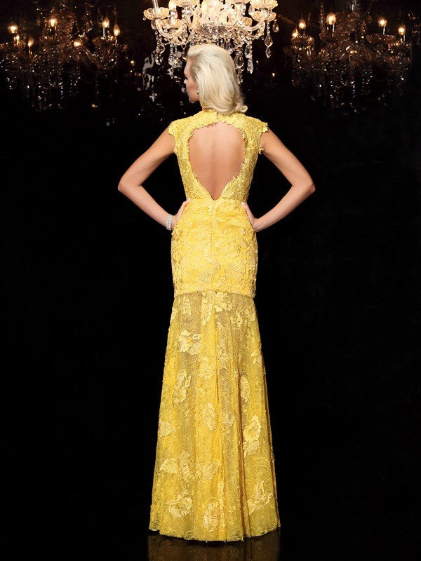 Sheath/Column Jewel Lace Short Sleeves Long Chiffon Dresses