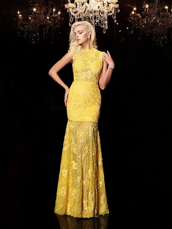 Sheath/Column Jewel Lace Short Sleeves Long Chiffon Dresses