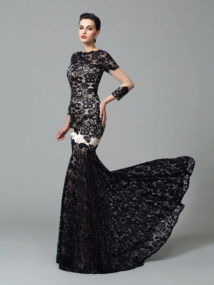 Sheath/Column High Neck Lace 3/4 Sleeves Long Woven Satin Dresses