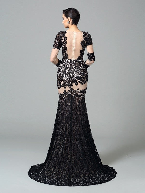 Sheath/Column High Neck Lace 3/4 Sleeves Long Woven Satin Dresses