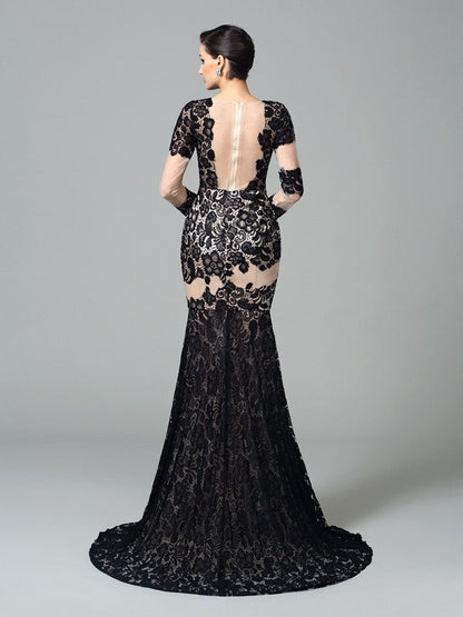 Sheath/Column High Neck Lace 3/4 Sleeves Long Woven Satin Dresses
