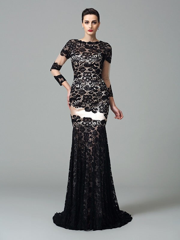 Sheath/Column High Neck Lace 3/4 Sleeves Long Woven Satin Dresses