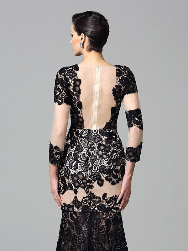 Sheath/Column High Neck Lace 3/4 Sleeves Long Woven Satin Dresses
