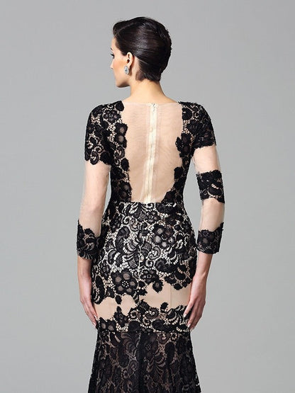 Sheath/Column High Neck Lace 3/4 Sleeves Long Woven Satin Dresses