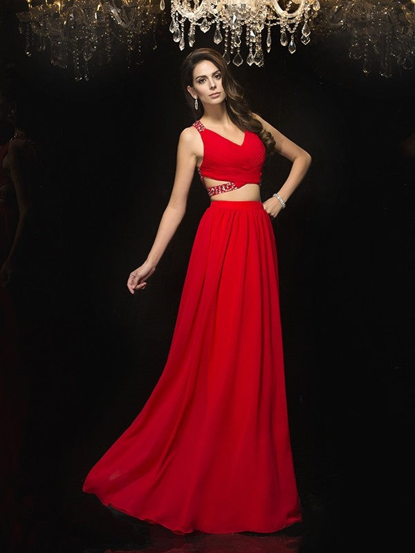 A-Line/Princess V-neck Beading Sleeveless Long Chiffon Two Piece Dresses