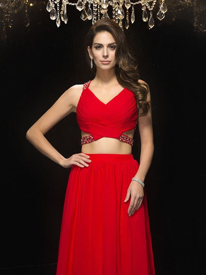 A-Line/Princess V-neck Beading Sleeveless Long Chiffon Two Piece Dresses