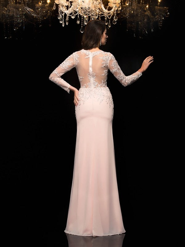 Sheath/Column Sheer Neck Applique 3/4 Sleeves Long Chiffon Dresses