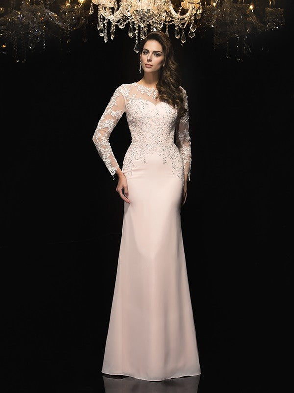 Sheath/Column Sheer Neck Applique 3/4 Sleeves Long Chiffon Dresses