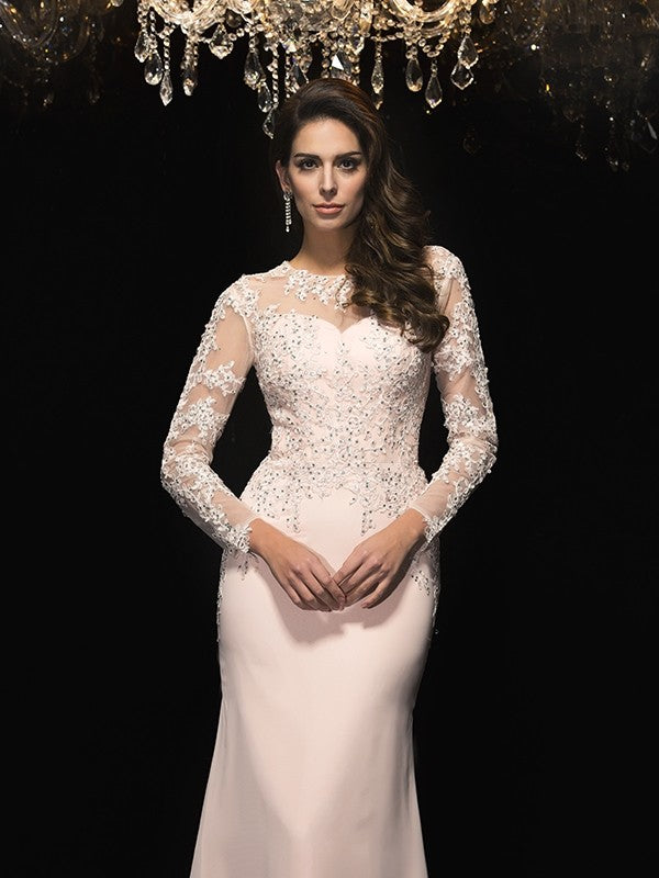 Sheath/Column Sheer Neck Applique 3/4 Sleeves Long Chiffon Dresses