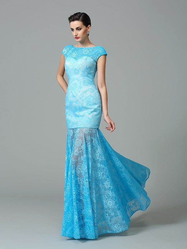 Sheath/Column Scoop Short Sleeves Long Lace Dresses