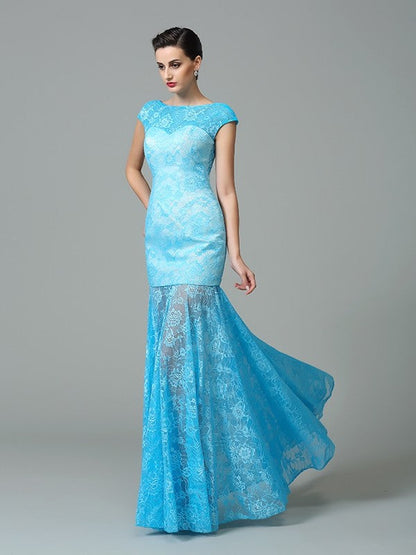 Sheath/Column Scoop Short Sleeves Long Lace Dresses
