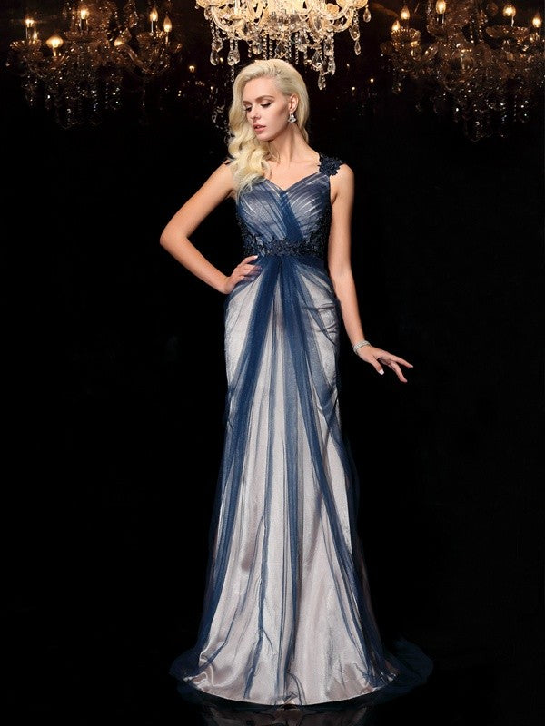Sheath/Column Straps Applique Sleeveless Long Woven Satin Dresses