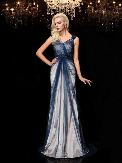 Sheath/Column Straps Applique Sleeveless Long Woven Satin Dresses