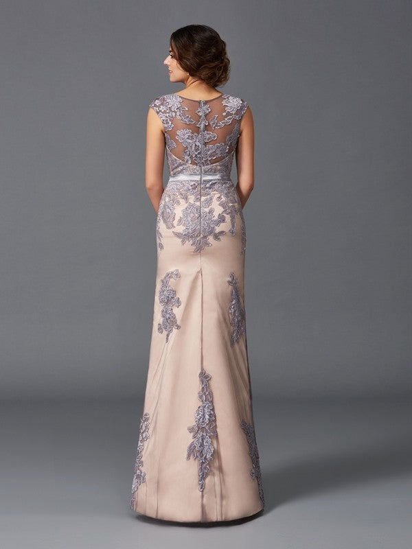 Sheath/Column Straps Applique Sleeveless Long Satin Dresses