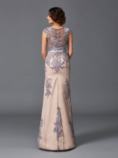 Sheath/Column Straps Applique Sleeveless Long Satin Dresses