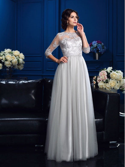 A-Line/Princess Scoop Applique 3/4 Sleeves Long Woven Satin Mother of the Bride Dresses