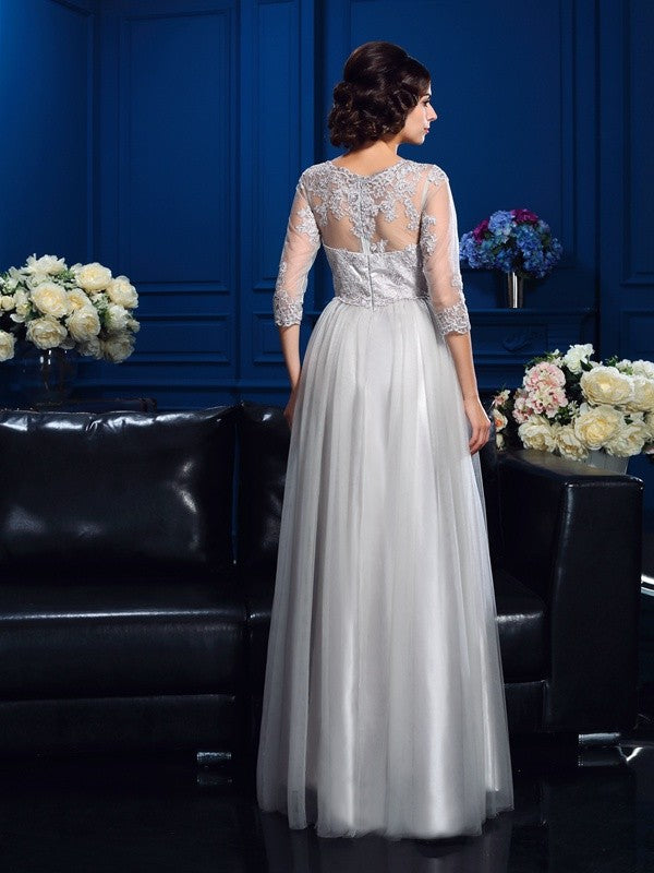 A-Line/Princess Scoop Applique 3/4 Sleeves Long Woven Satin Mother of the Bride Dresses