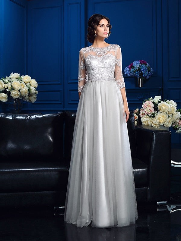 A-Line/Princess Scoop Applique 3/4 Sleeves Long Woven Satin Mother of the Bride Dresses