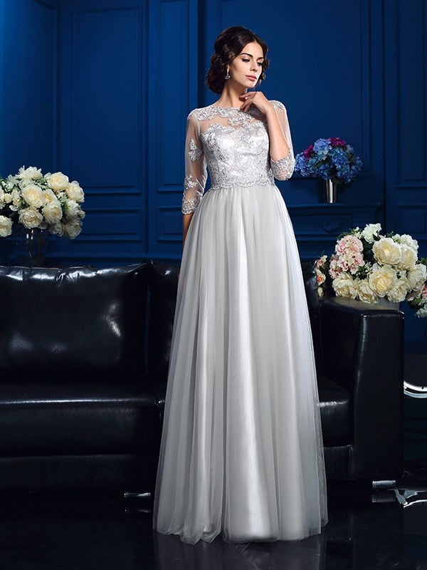 A-Line/Princess Scoop Applique 3/4 Sleeves Long Woven Satin Mother of the Bride Dresses