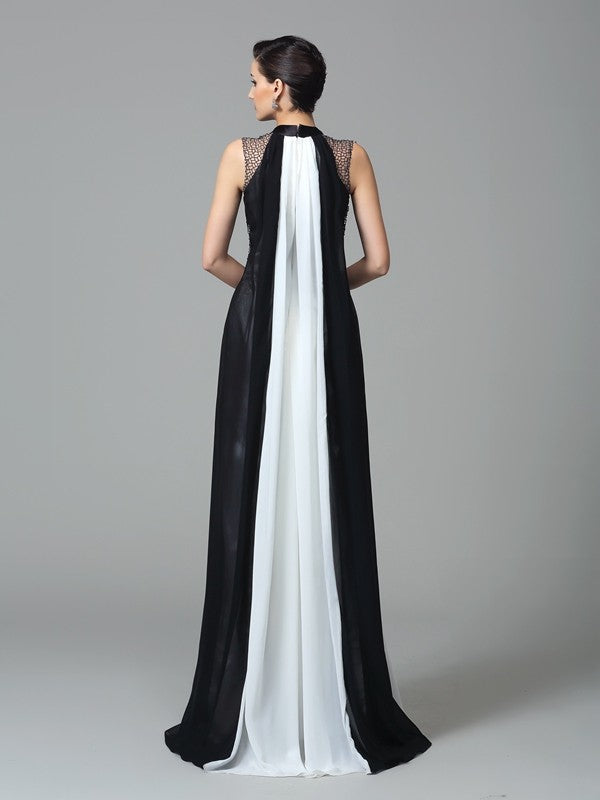 Sheath/Column High Neck Pleats Sleeveless Long Chiffon Dresses