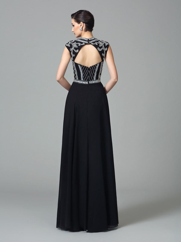 A-Line/Princess Jewel Beading Short Sleeves Long Chiffon Dresses