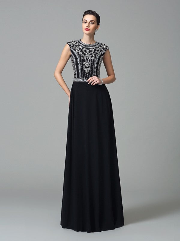 A-Line/Princess Jewel Beading Short Sleeves Long Chiffon Dresses