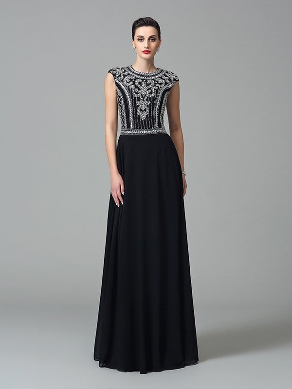A-Line/Princess Jewel Beading Short Sleeves Long Chiffon Dresses