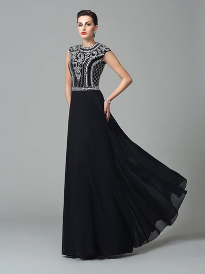 A-Line/Princess Jewel Beading Short Sleeves Long Chiffon Dresses