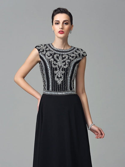 A-Line/Princess Jewel Beading Short Sleeves Long Chiffon Dresses