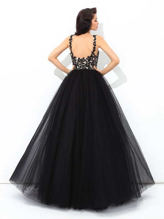Ball Gown Straps Applique Sleeveless Long Net Quinceanera Dresses