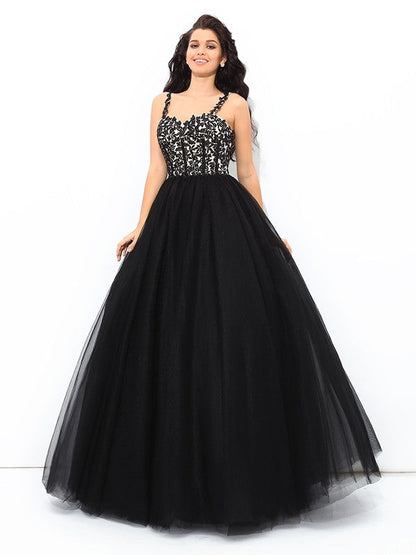 Ball Gown Straps Applique Sleeveless Long Net Quinceanera Dresses