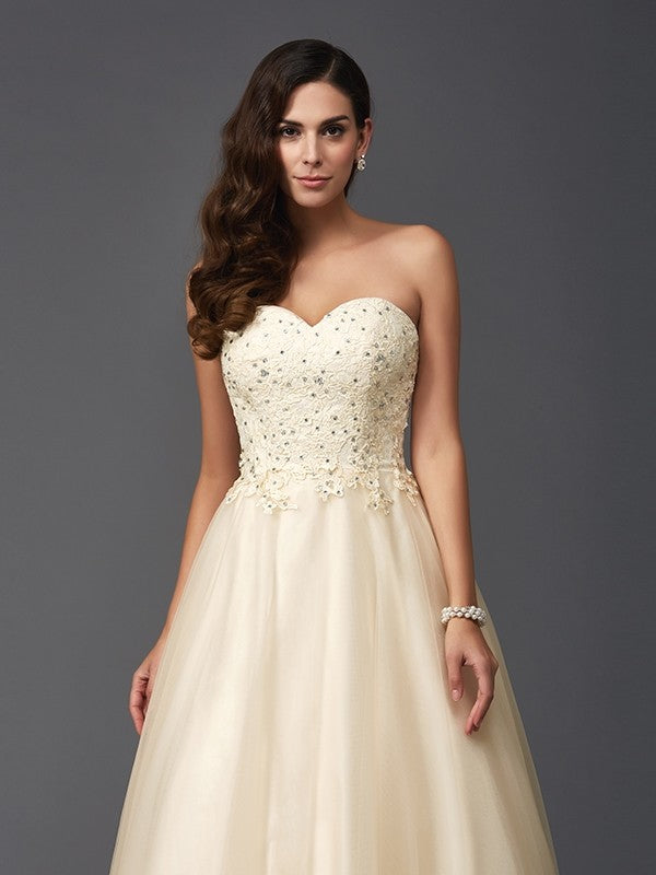A-Line/Princess Sweetheart Beading Sleeveless Long Net Dresses