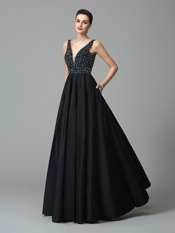 A-Line/Princess Straps Beading Sleeveless Long Taffeta Dresses
