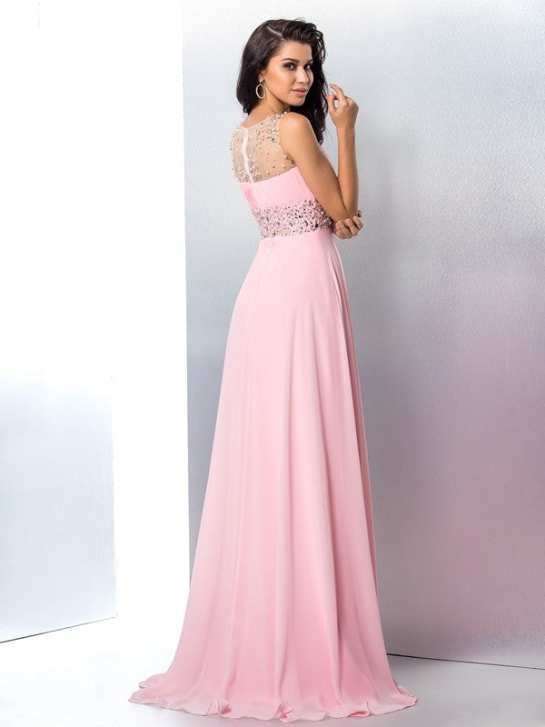 A-Line/Princess Sheer Neck Beading Sleeveless Long Chiffon Dresses