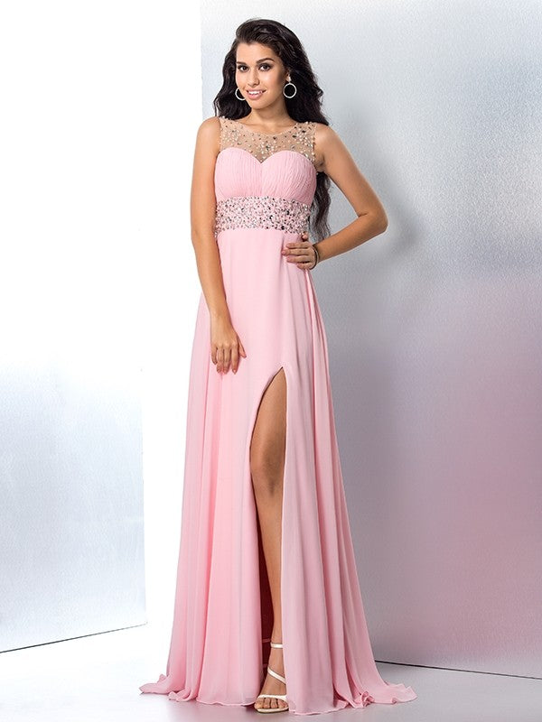 A-Line/Princess Sheer Neck Beading Sleeveless Long Chiffon Dresses