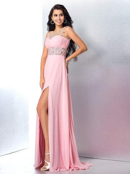 A-Line/Princess Sheer Neck Beading Sleeveless Long Chiffon Dresses