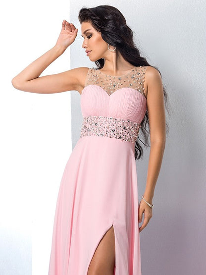 A-Line/Princess Sheer Neck Beading Sleeveless Long Chiffon Dresses